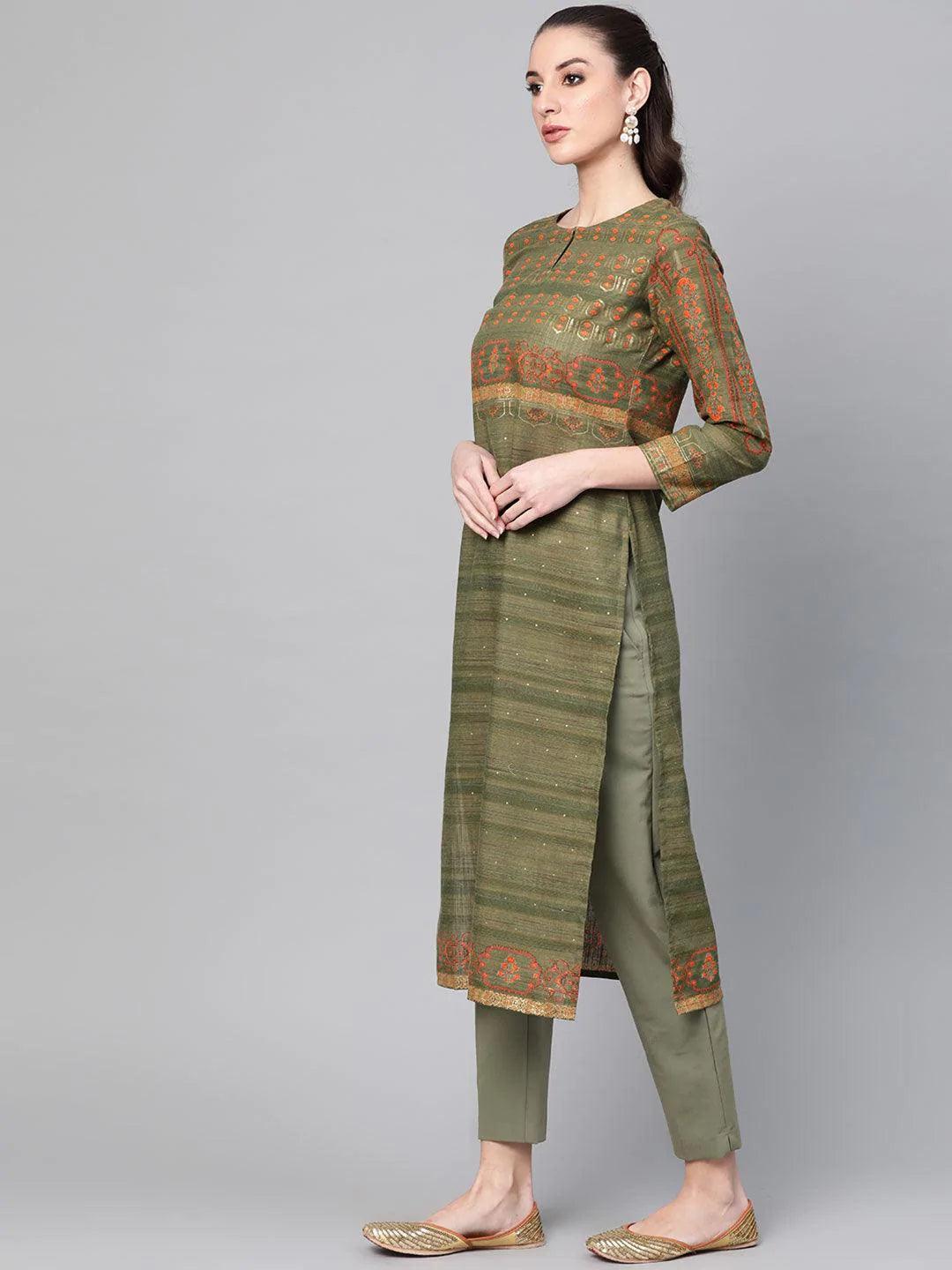 Green Printed Cotton Kurta - ShopLibas