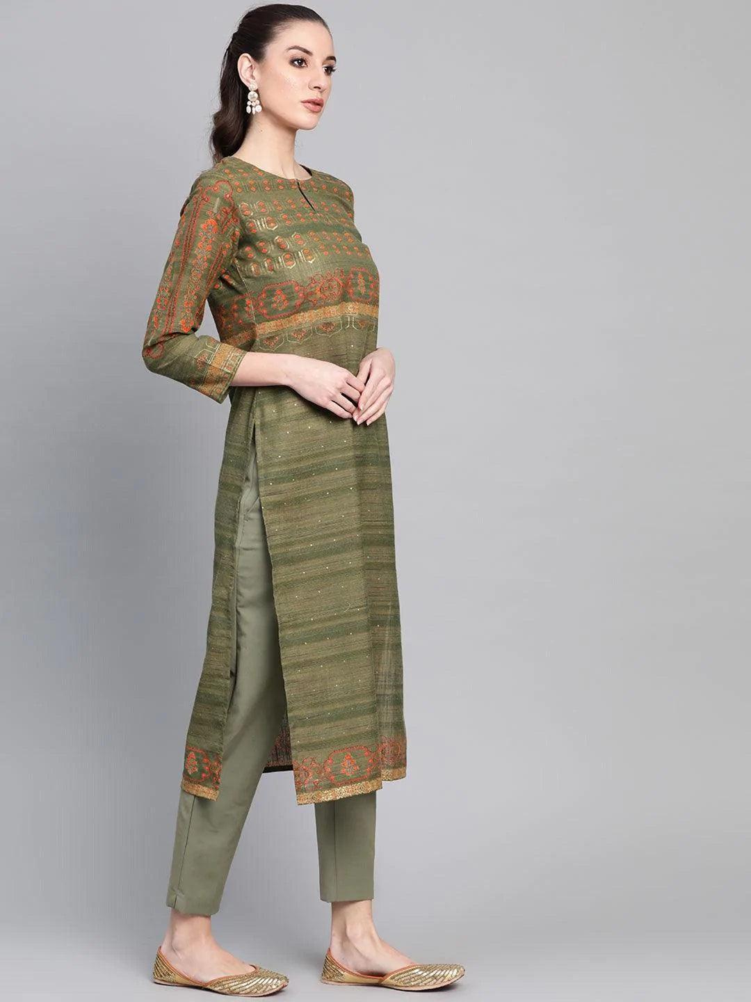 Green Printed Cotton Kurta - ShopLibas