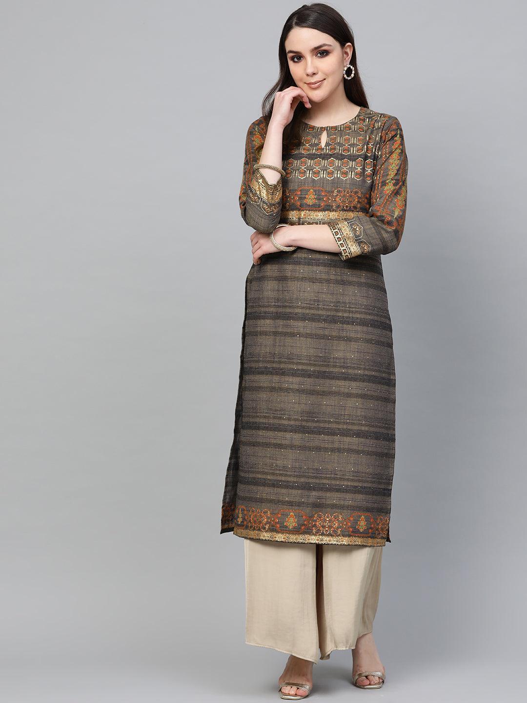 Grey Printed Cotton Kurta - ShopLibas