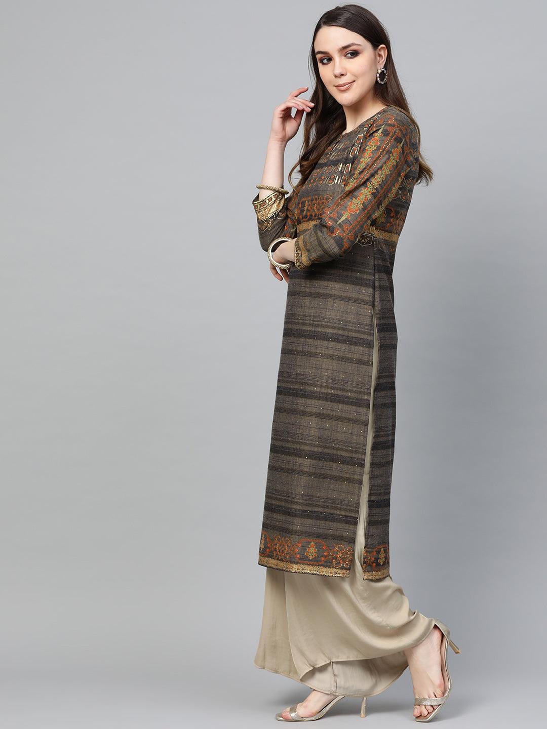 Grey Printed Cotton Kurta - ShopLibas