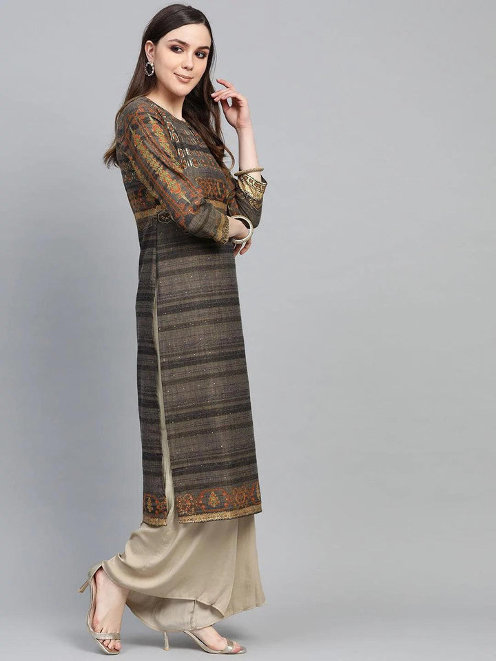 Grey Printed Cotton Kurta - ShopLibas