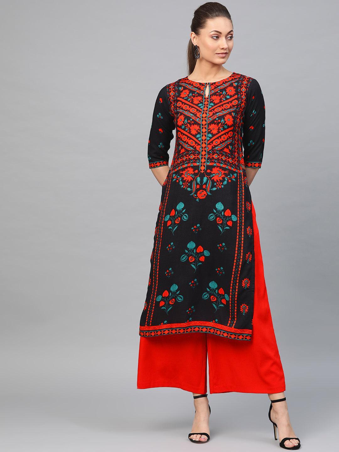 Black Printed Rayon Kurta - ShopLibas