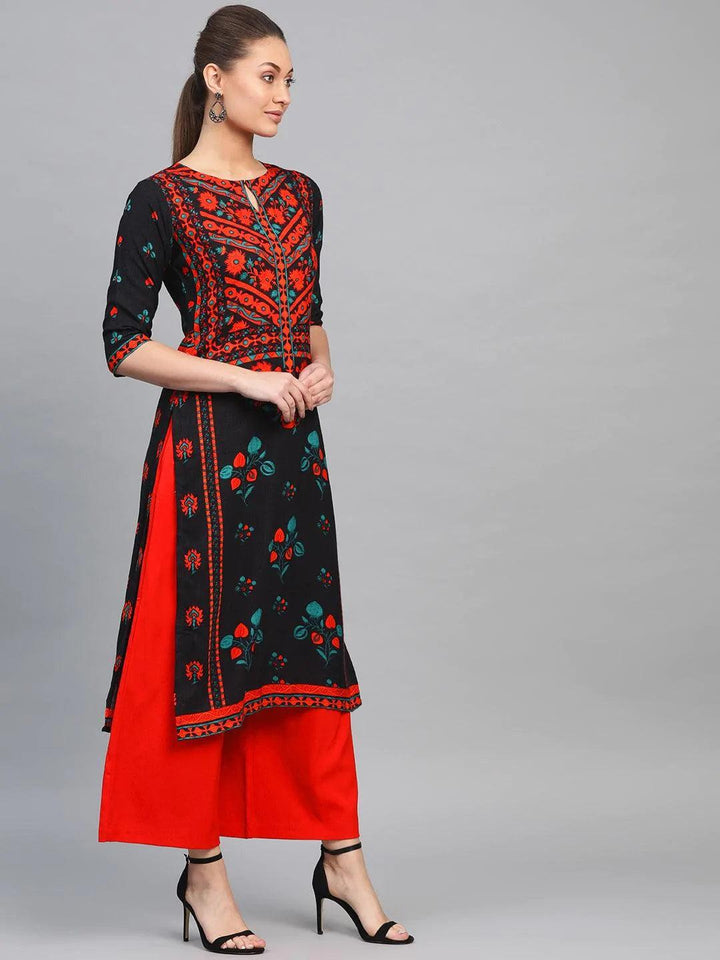 Black Printed Rayon Kurta - ShopLibas