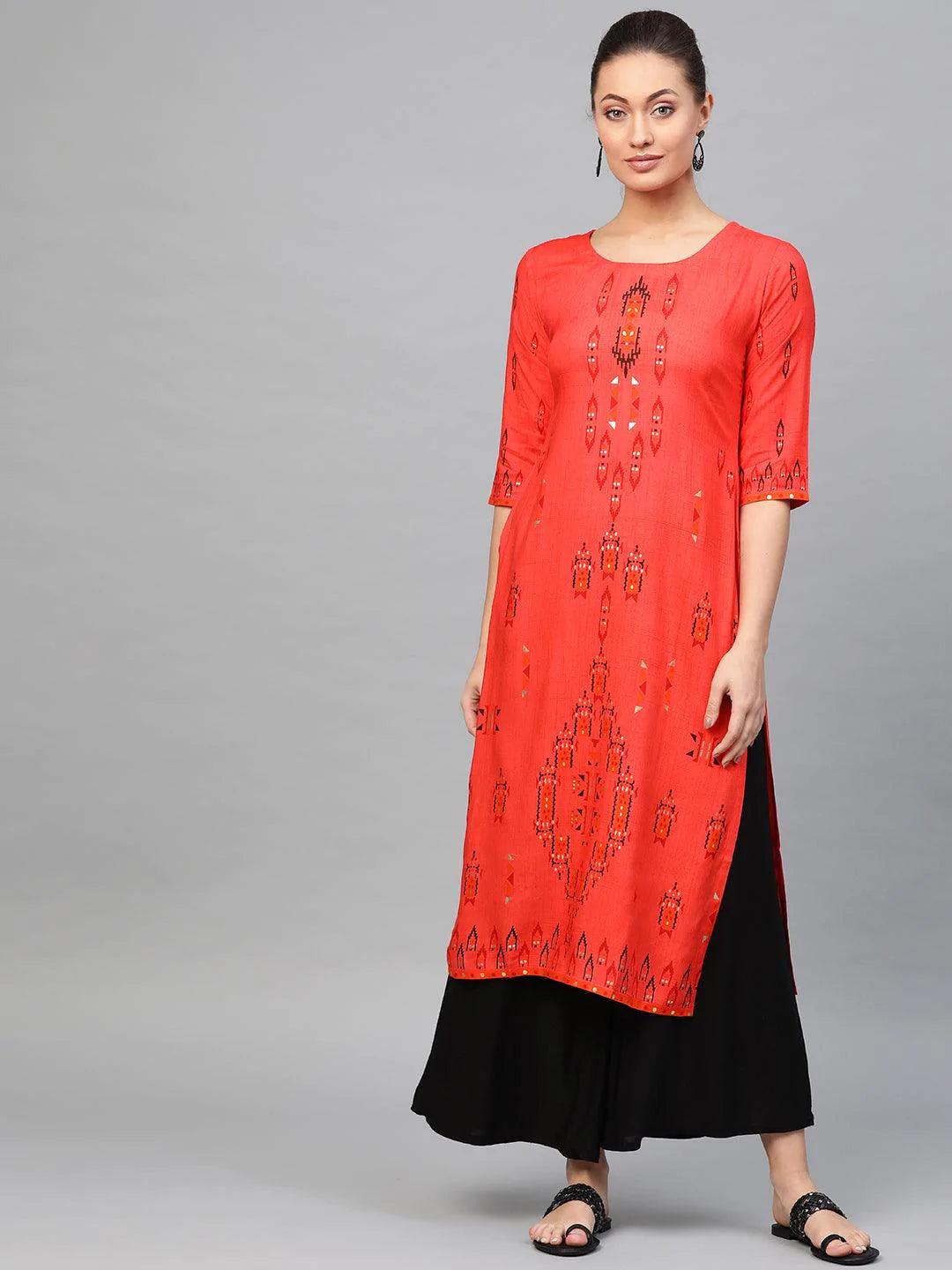 Red Printed Rayon Kurta - ShopLibas