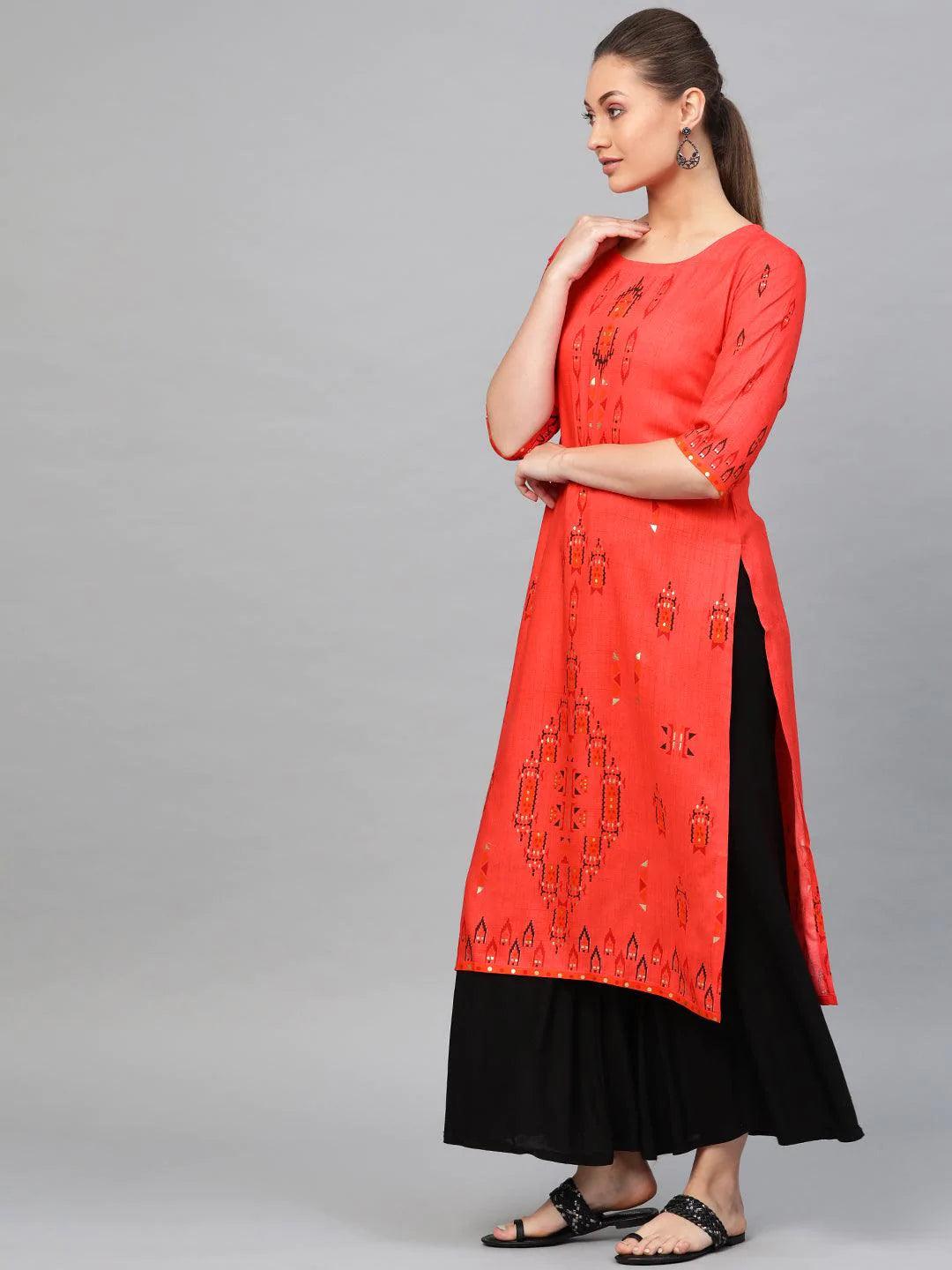 Red Printed Rayon Kurta - ShopLibas