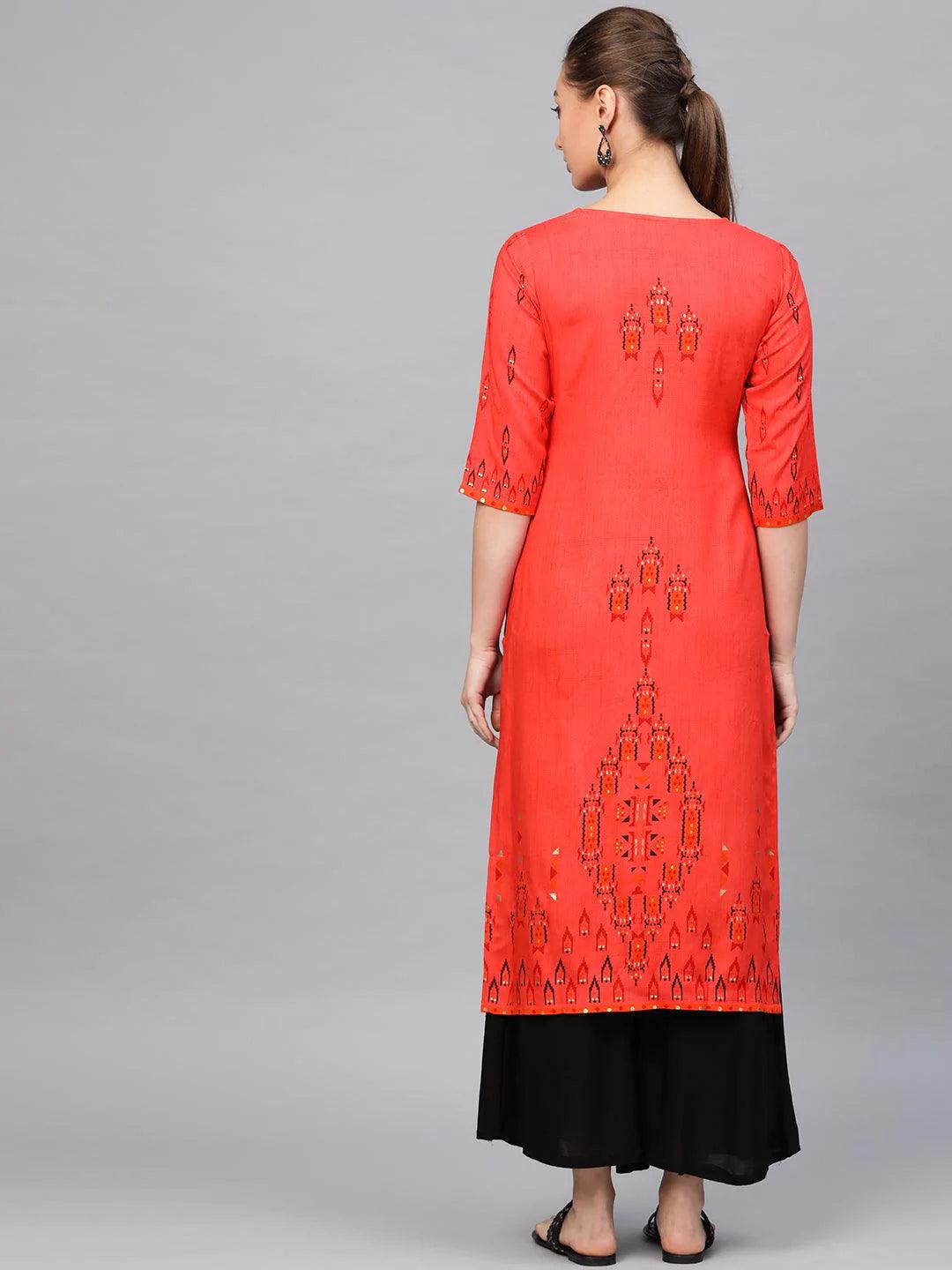 Red Printed Rayon Kurta - ShopLibas