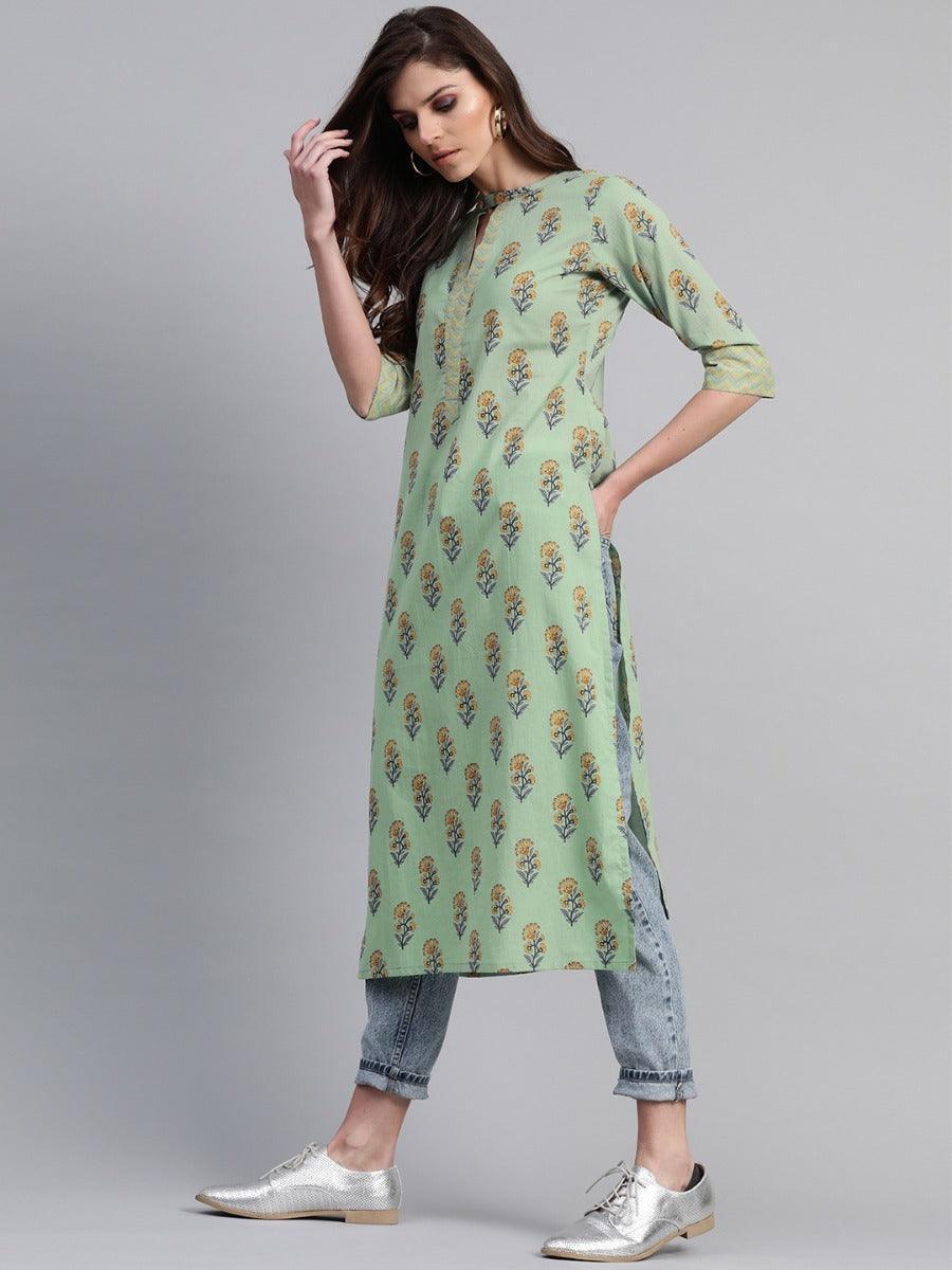 Green Printed Cotton Kurta - ShopLibas