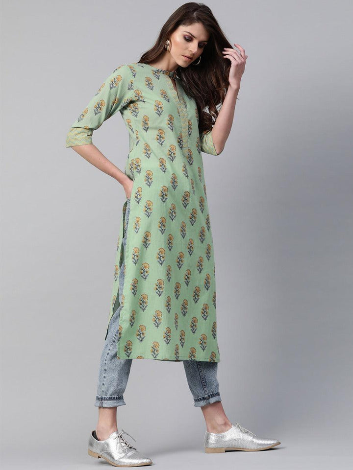 Green Printed Cotton Kurta - ShopLibas