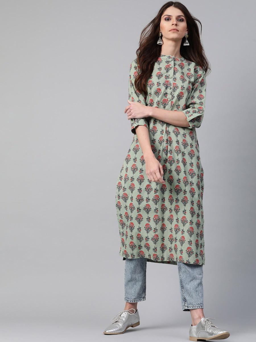 Green Printed Cotton Kurta - ShopLibas