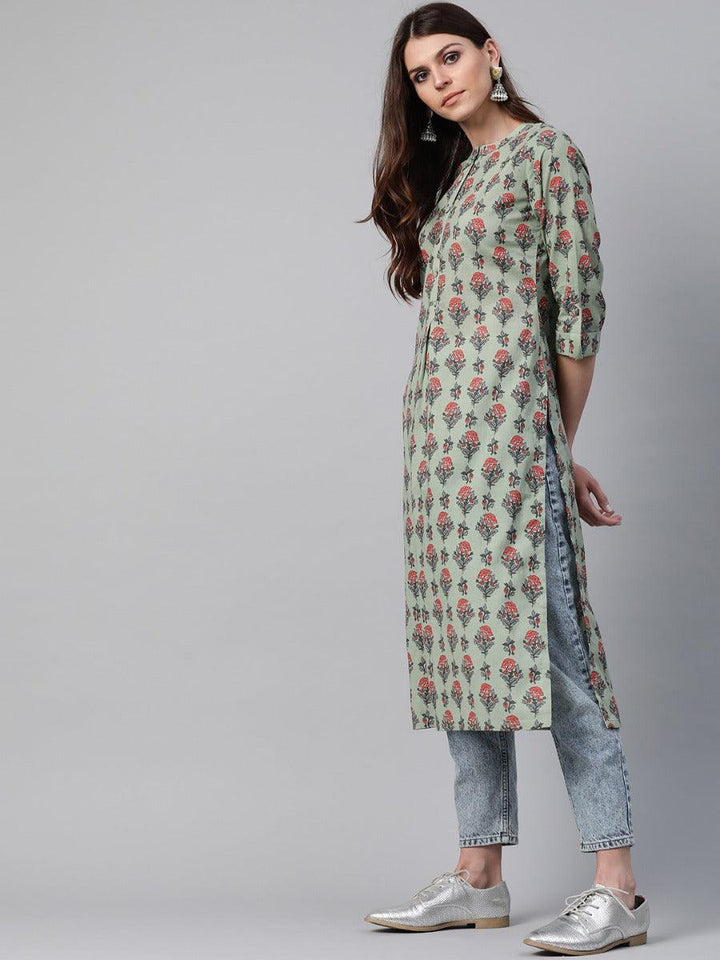 Green Printed Cotton Kurta - ShopLibas