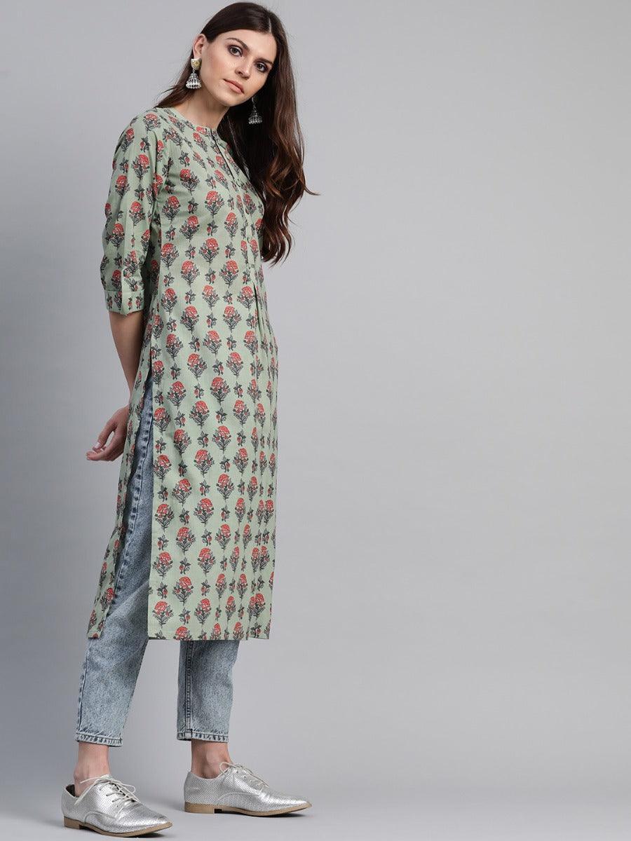 Green Printed Cotton Kurta - ShopLibas