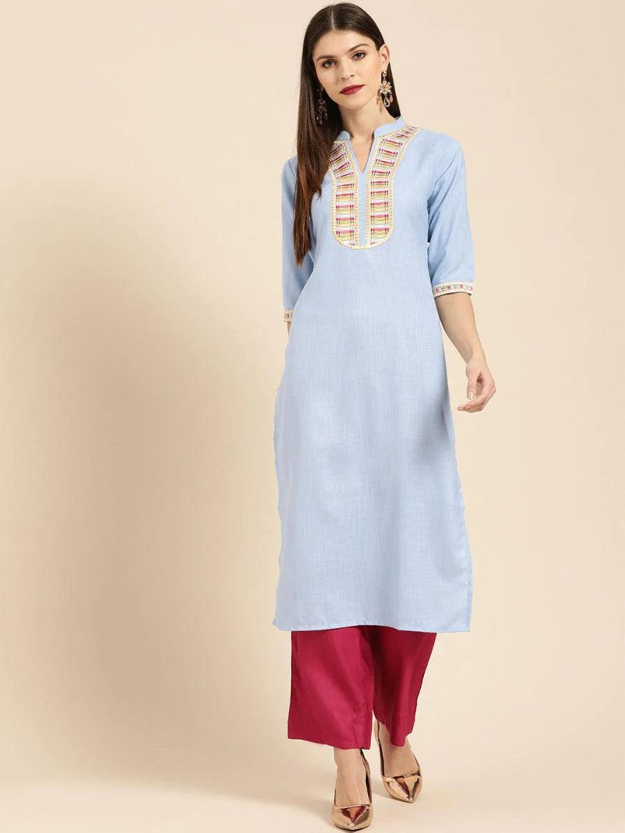 Blue Embroidered Linen Kurta - ShopLibas