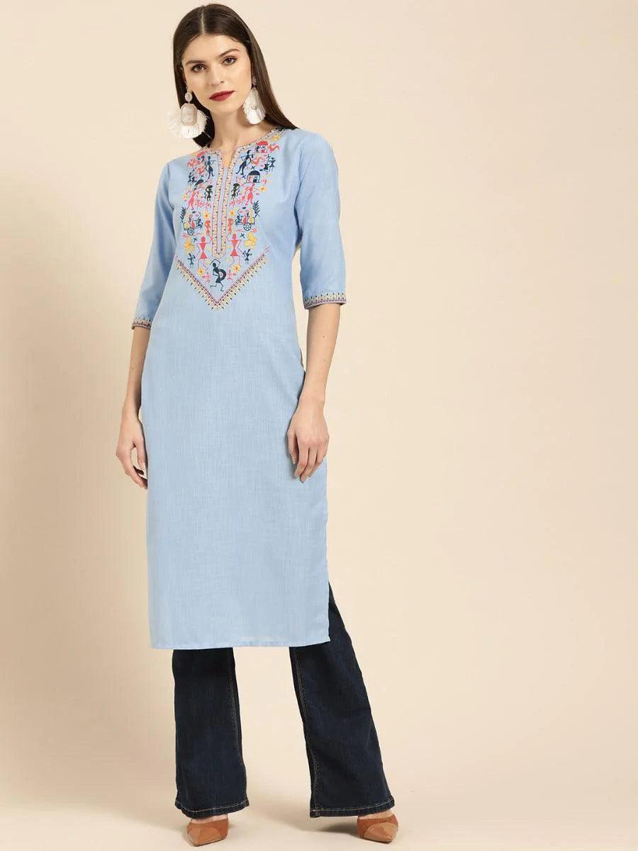 Blue Embroidered Linen Kurta