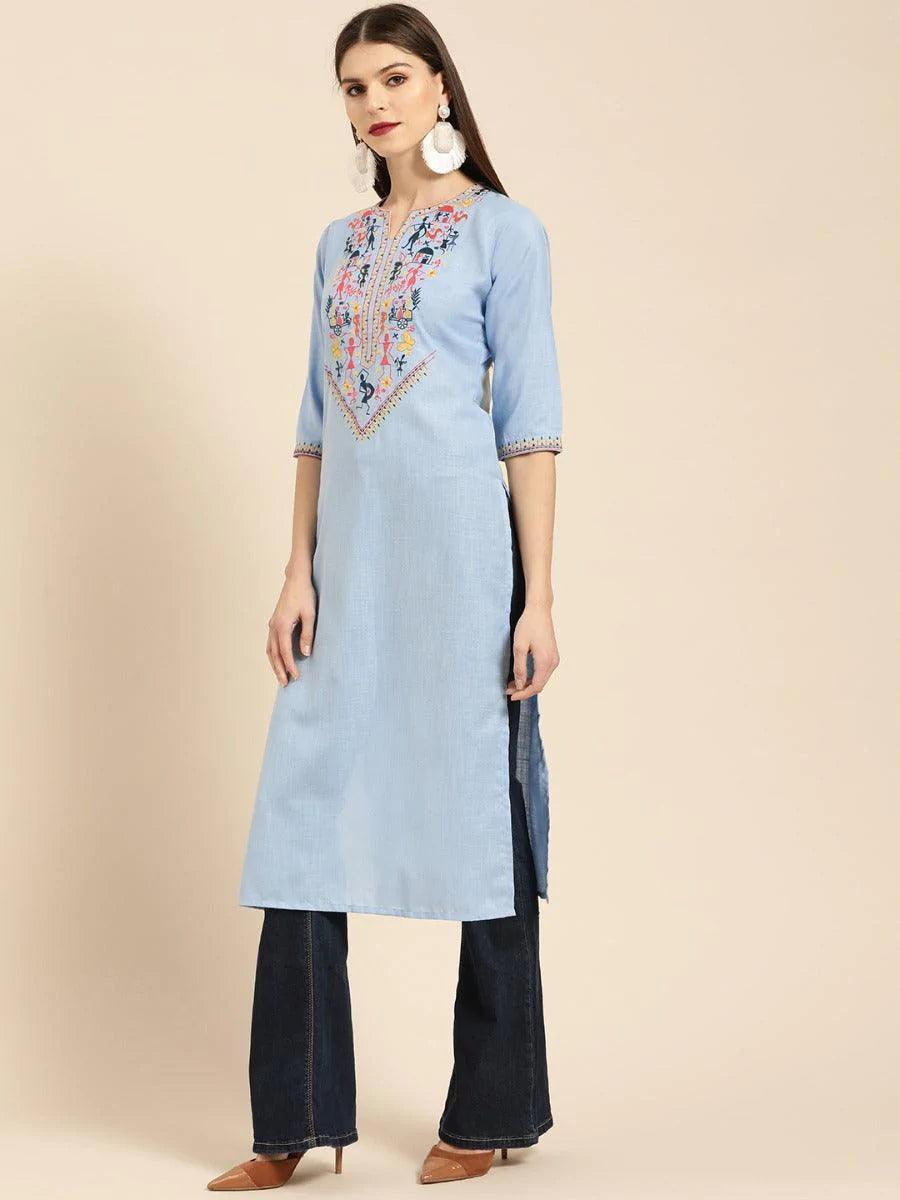 Blue Embroidered Linen Kurta