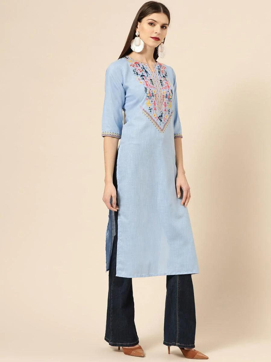 Blue Embroidered Linen Kurta