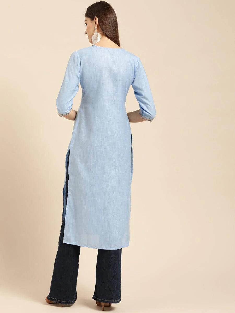 Blue Embroidered Linen Kurta