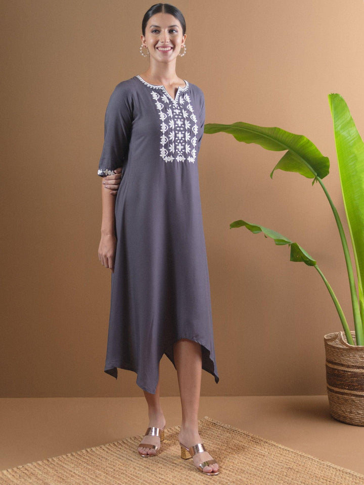 Grey Embroidered Rayon Dress - ShopLibas