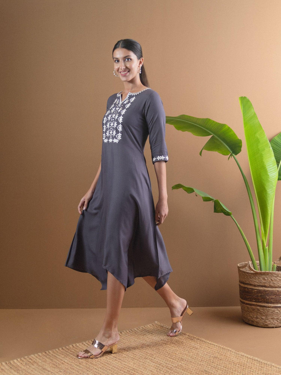 Grey Embroidered Rayon Dress - ShopLibas