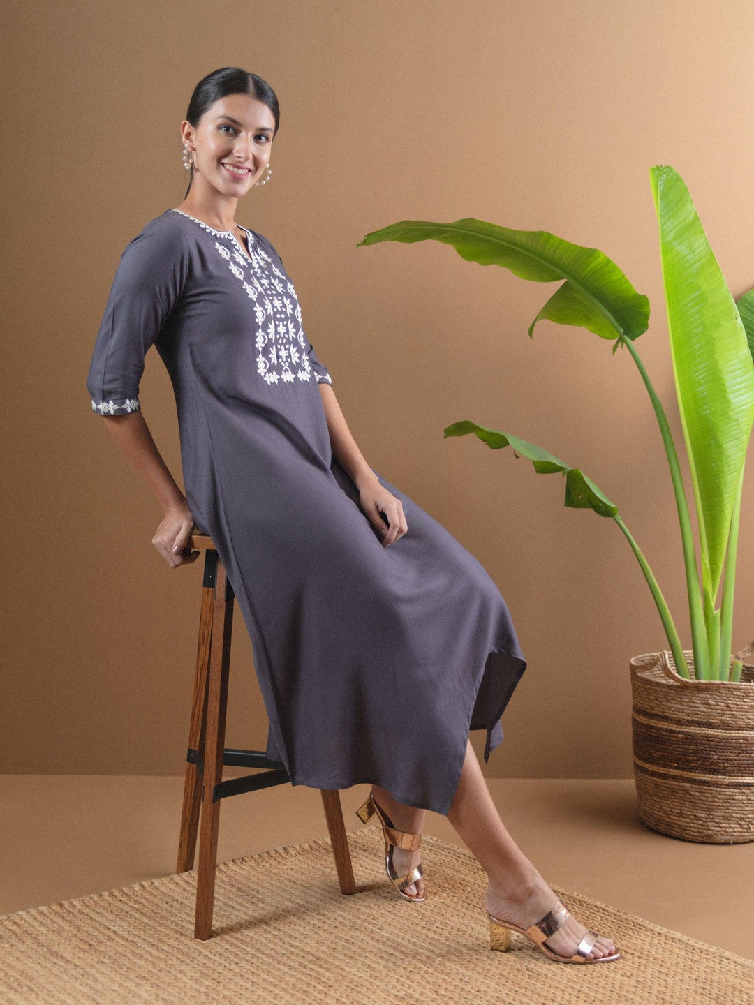 Grey Embroidered Rayon Dress - ShopLibas