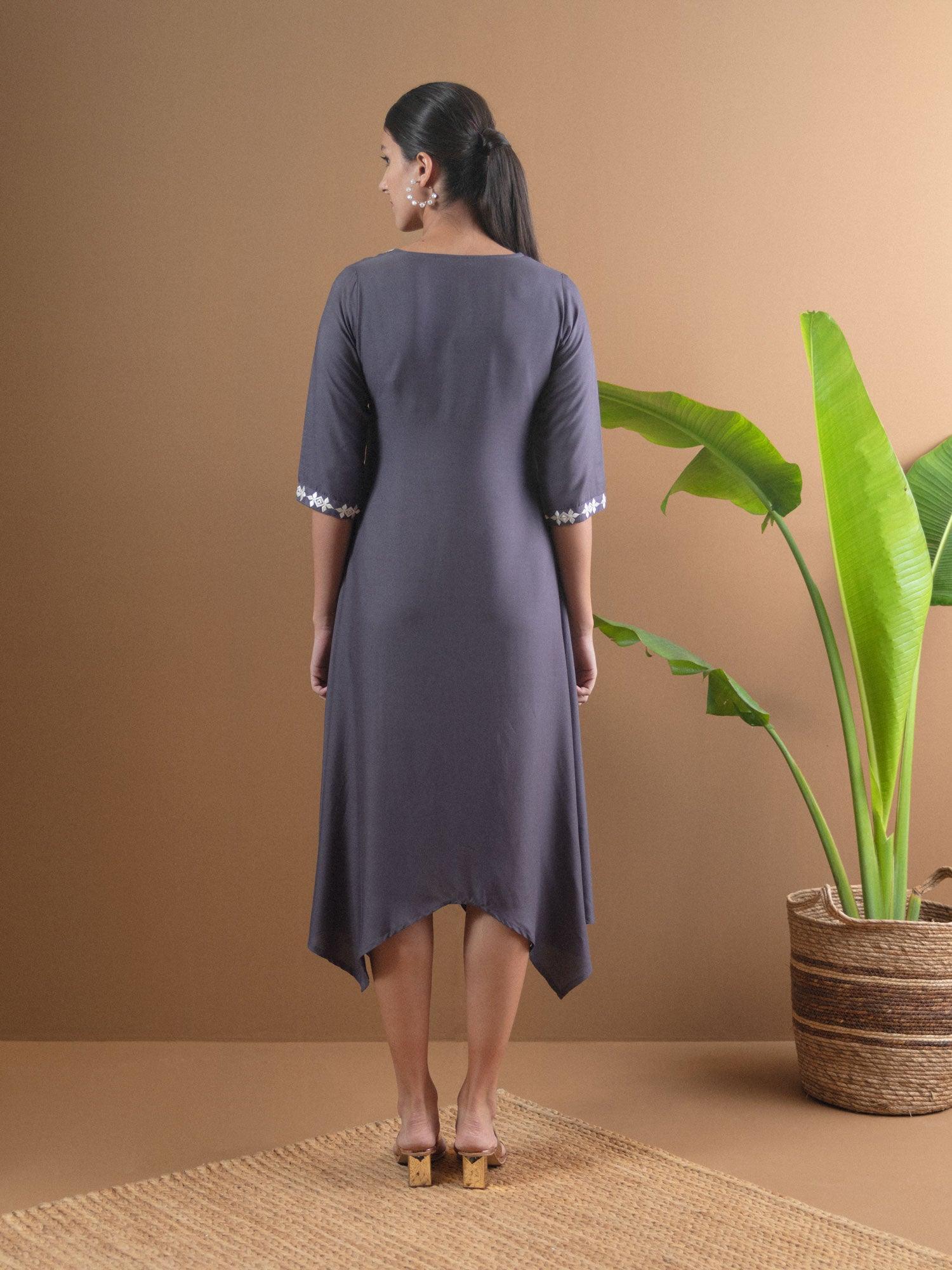 Grey Embroidered Rayon Dress