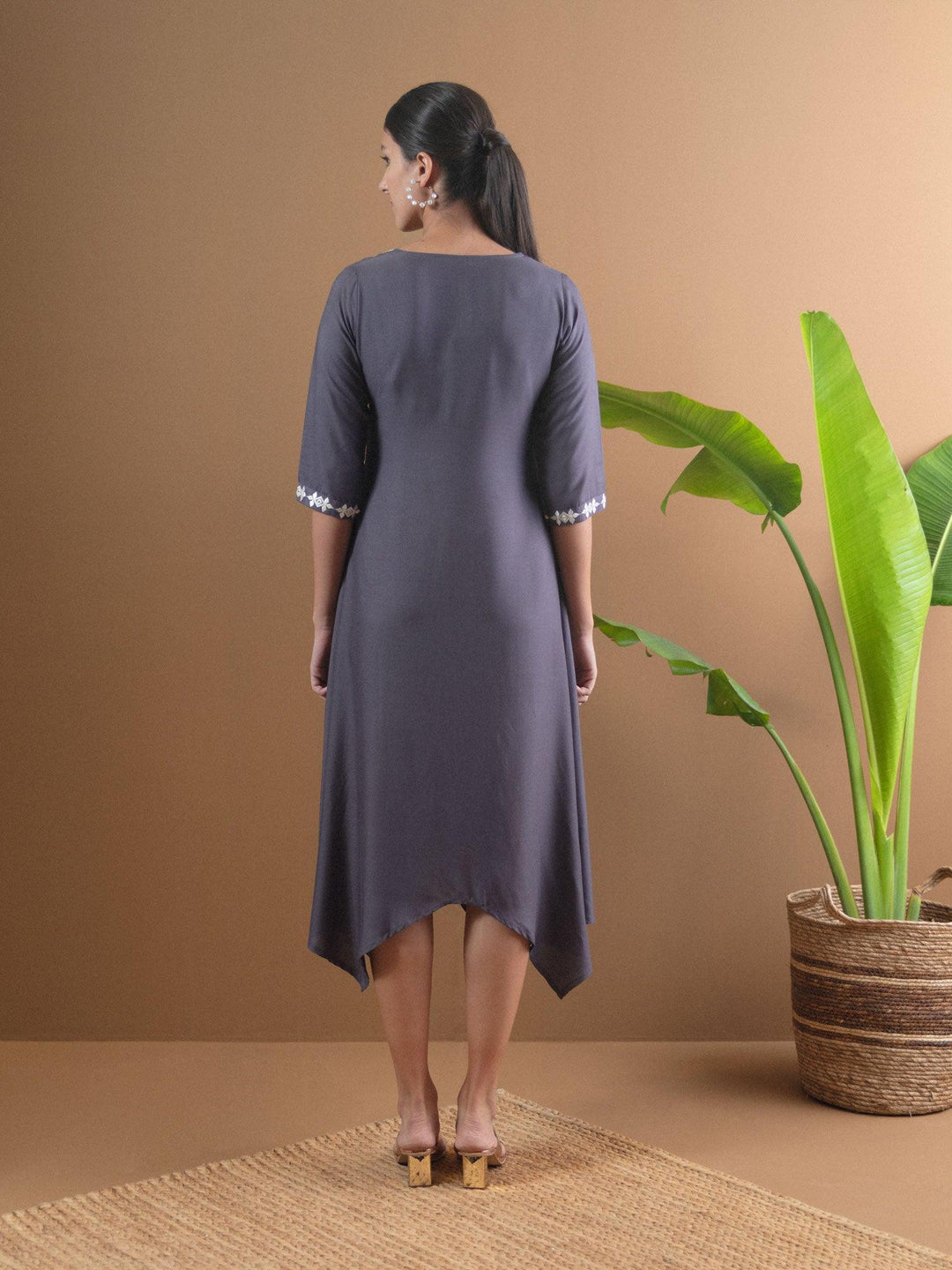 Grey Embroidered Rayon Dress - ShopLibas