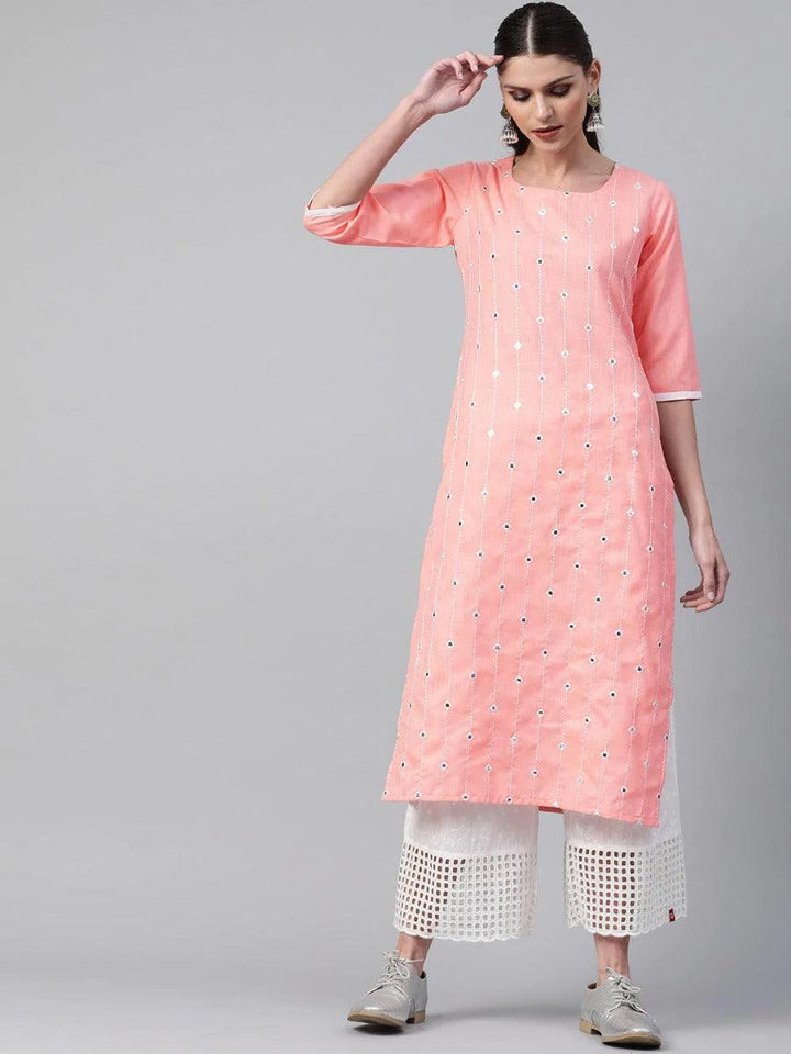 Peach Mirror Work Cotton Kurta - ShopLibas