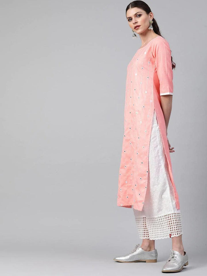 Peach Mirror Work Cotton Kurta - ShopLibas