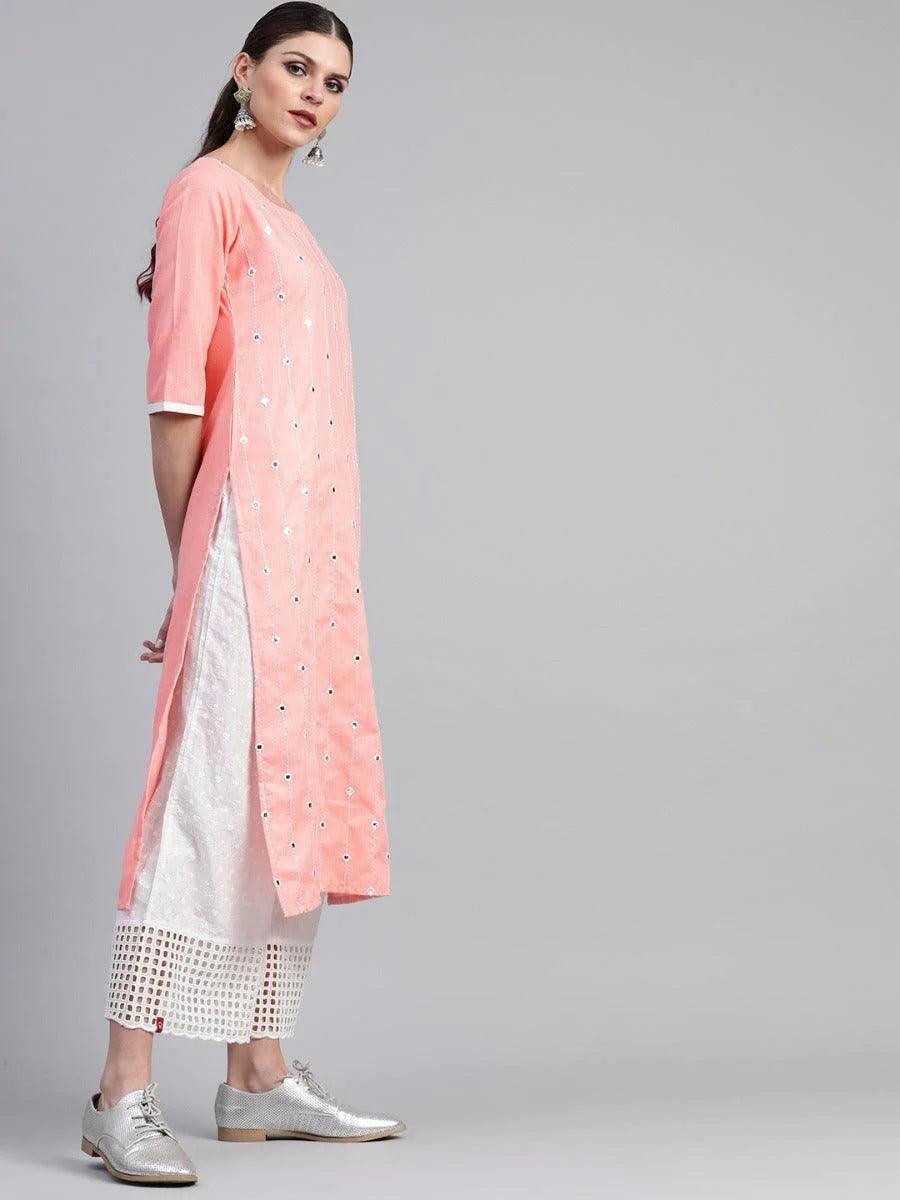 Peach Mirror Work Cotton Kurta - ShopLibas