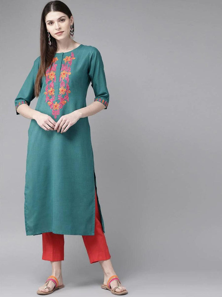 Teal Green Yoke Design Cotton Kurta - ShopLibas