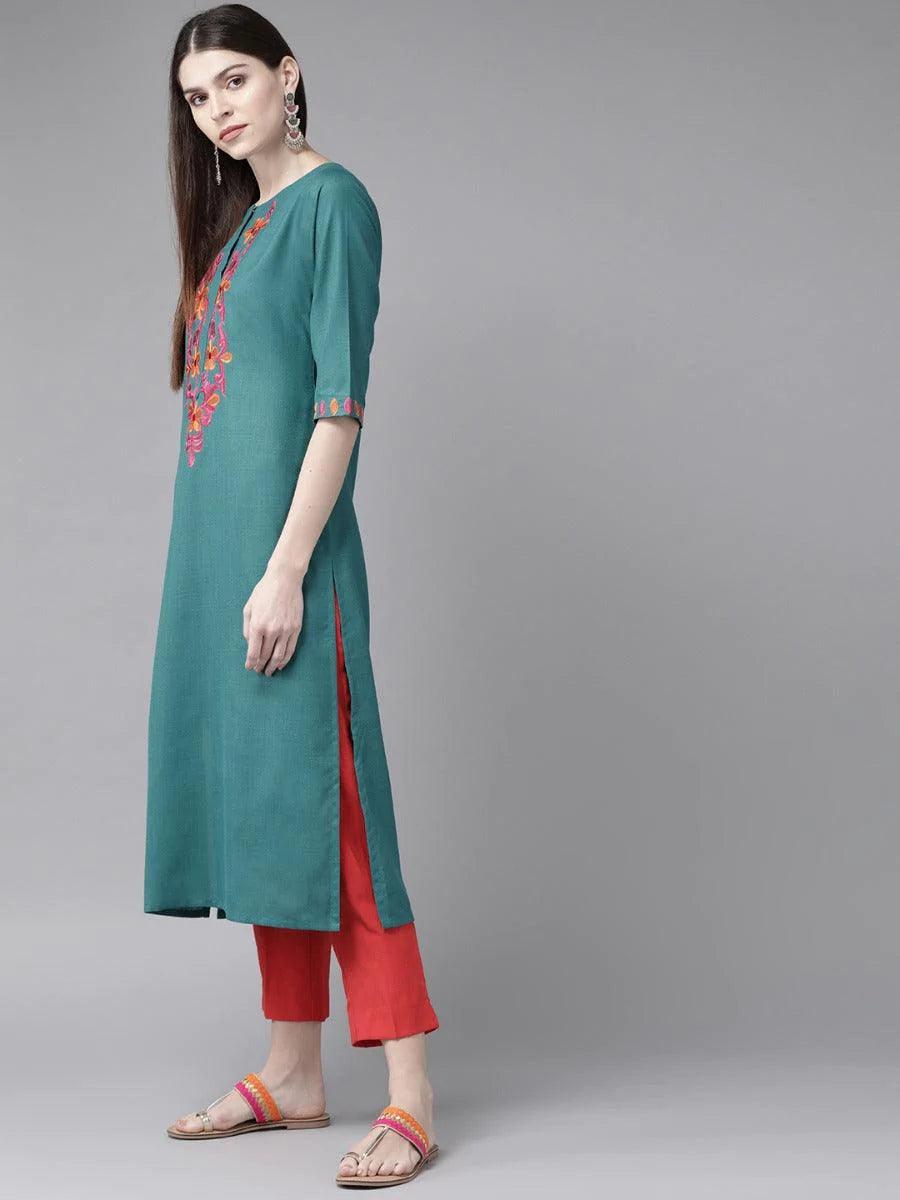 Teal Green Yoke Design Cotton Kurta - ShopLibas