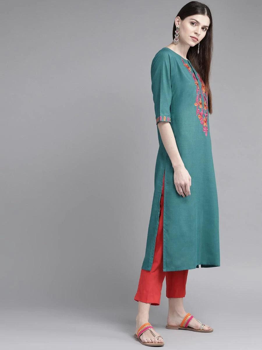 Teal Green Yoke Design Cotton Kurta - ShopLibas