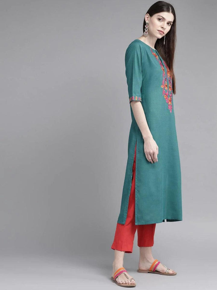 Teal Green Yoke Design Cotton Kurta - ShopLibas