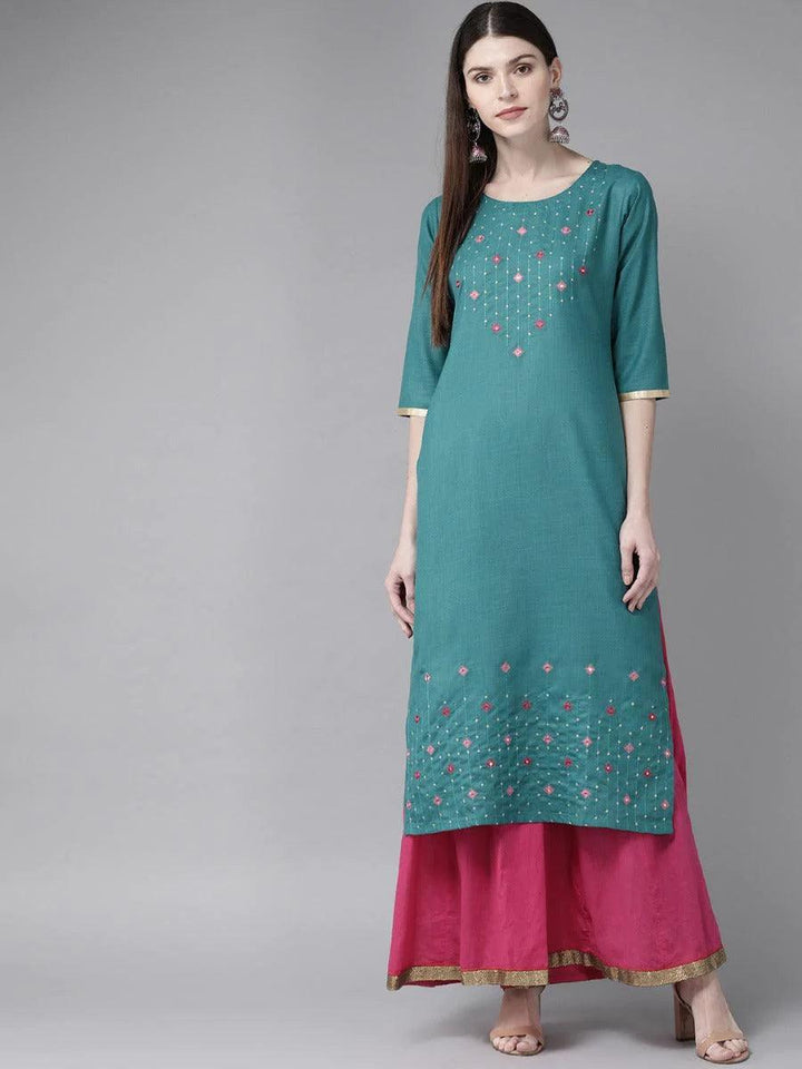 Teal Green Mirror Work Cotton Kurta - ShopLibas