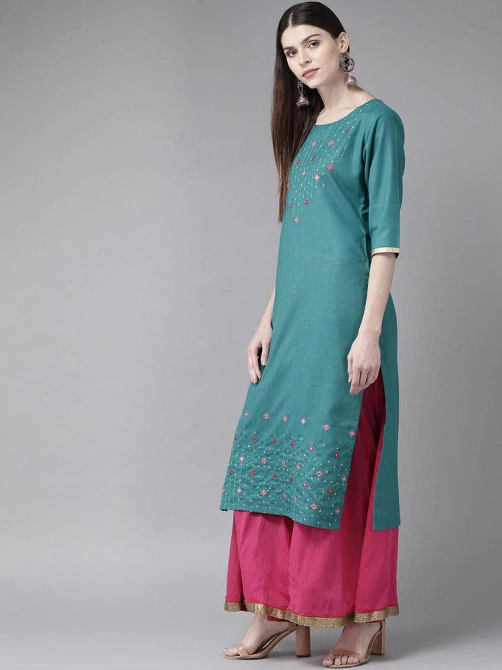 Teal Green Mirror Work Cotton Kurta - ShopLibas