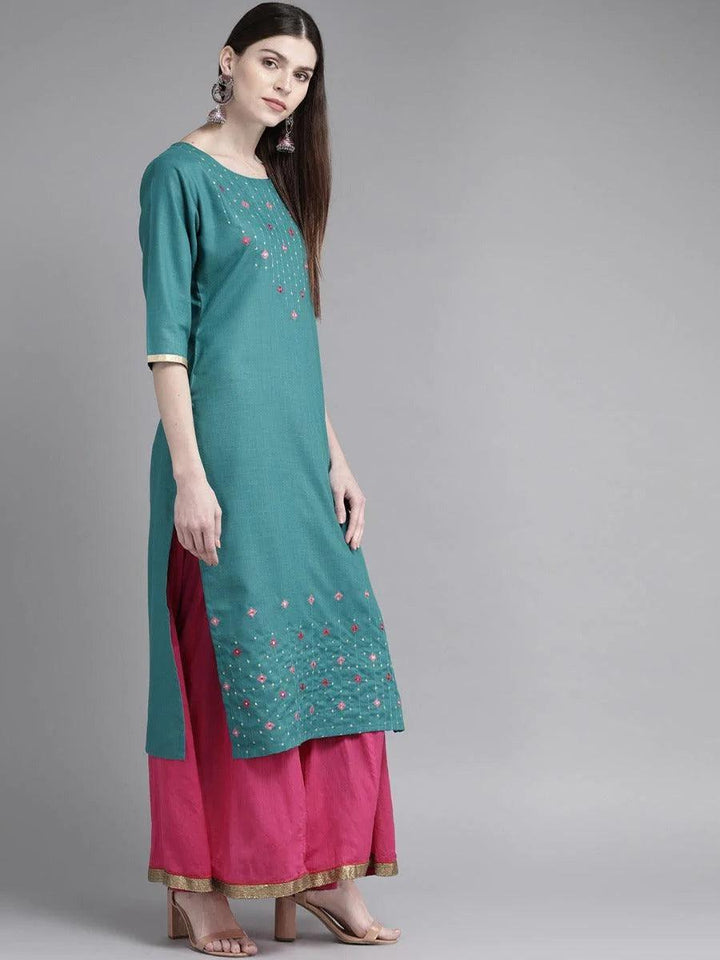 Teal Green Mirror Work Cotton Kurta - ShopLibas