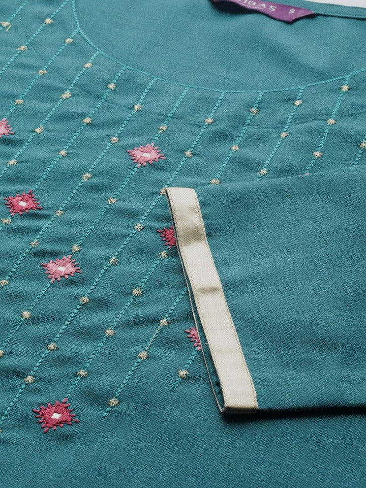 Teal Green Mirror Work Cotton Kurta - ShopLibas