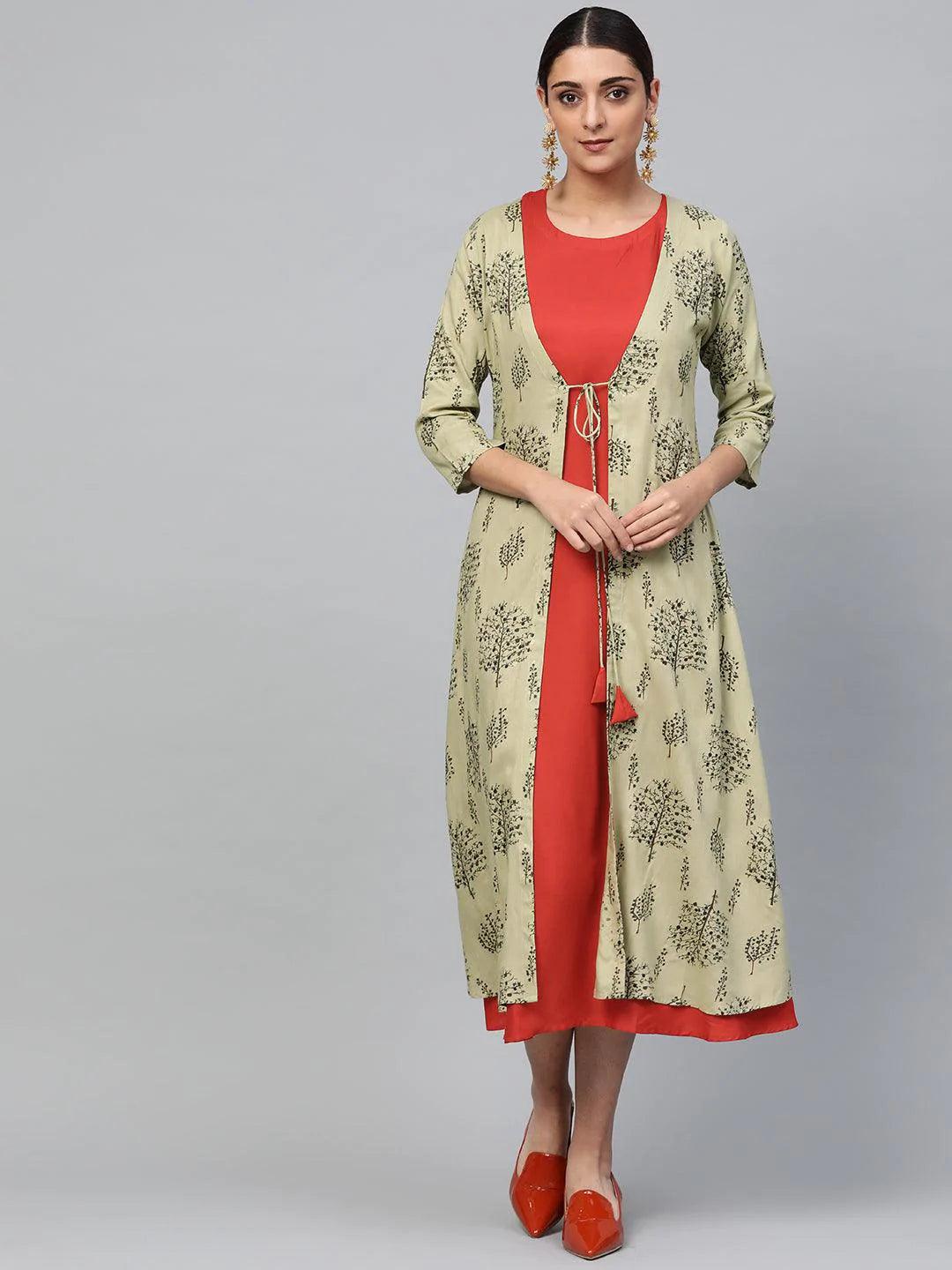 Red Solid Rayon Dress With Shrug