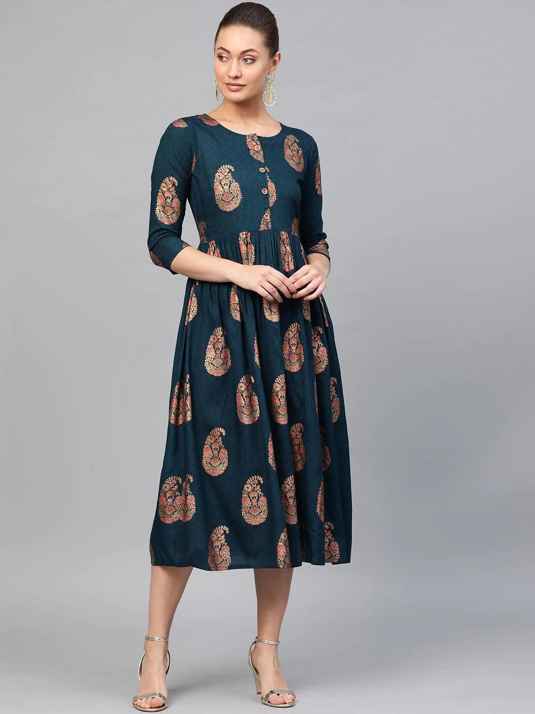 Blue Printed Rayon Dress