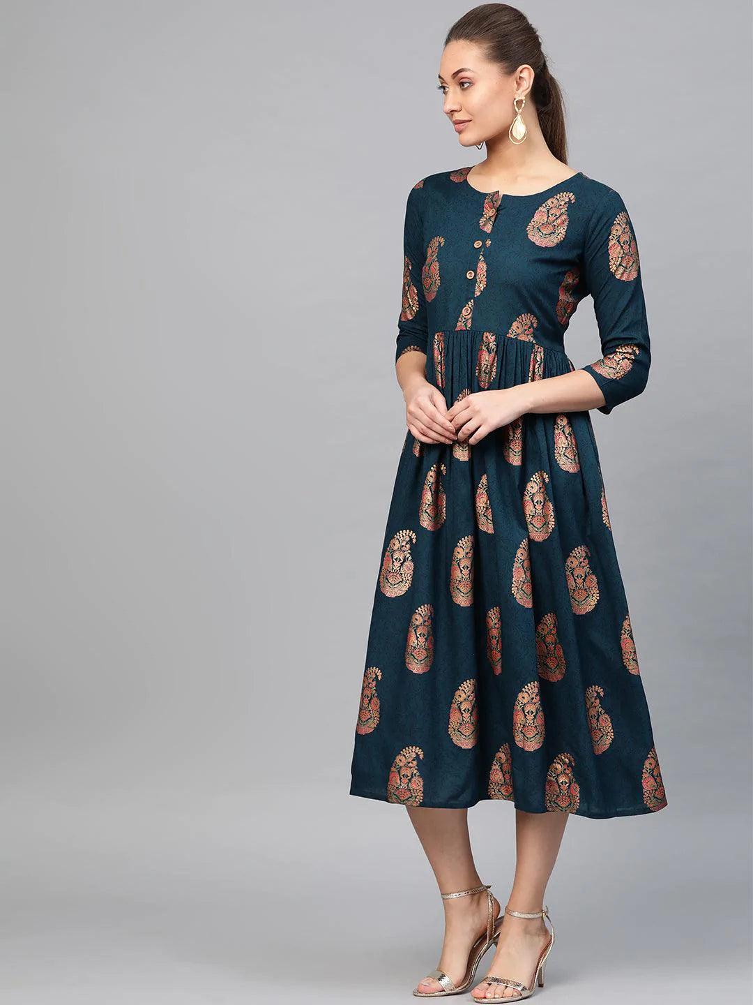 Blue Printed Rayon Dress - ShopLibas