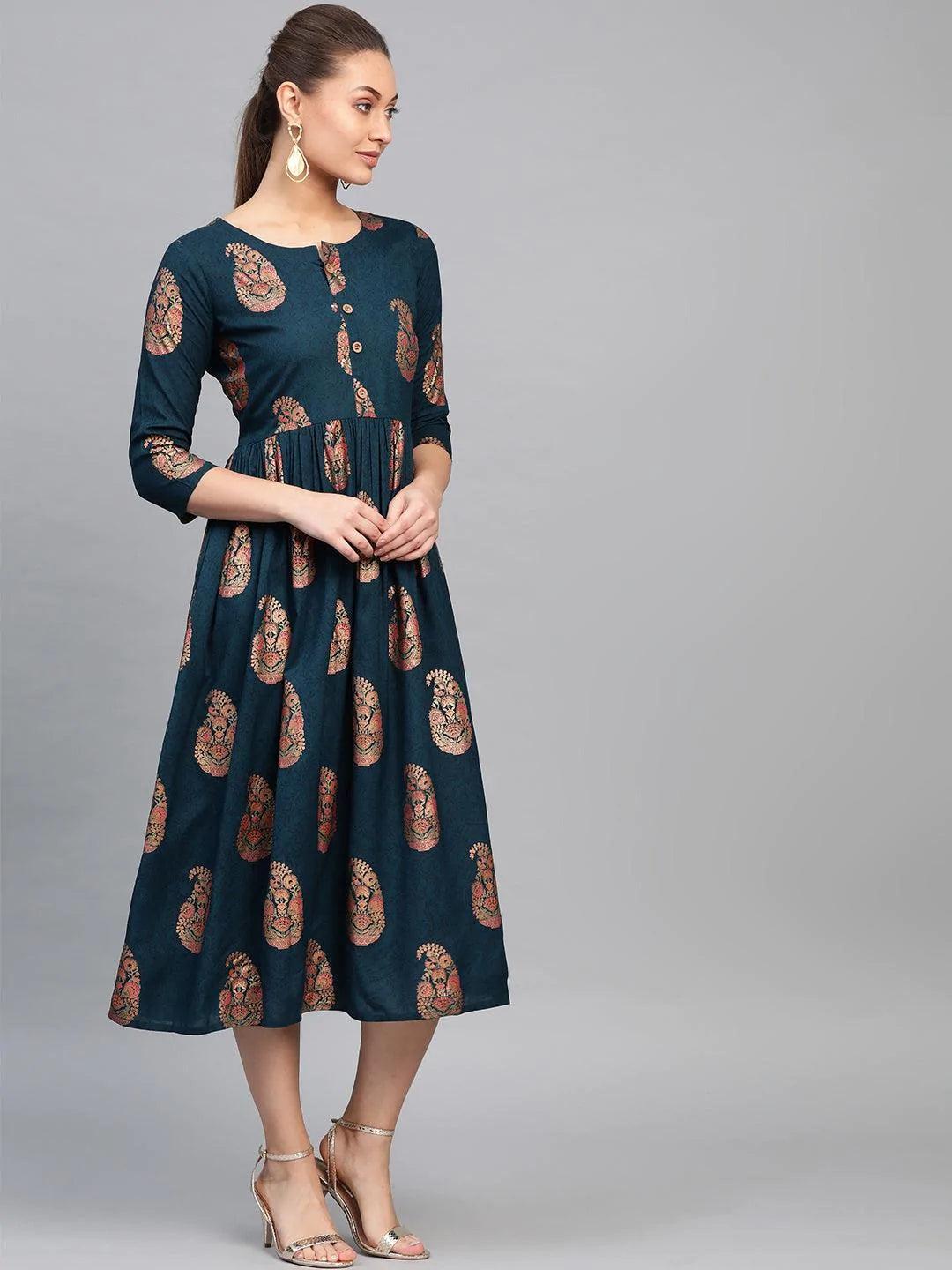 Blue Printed Rayon Dress - ShopLibas