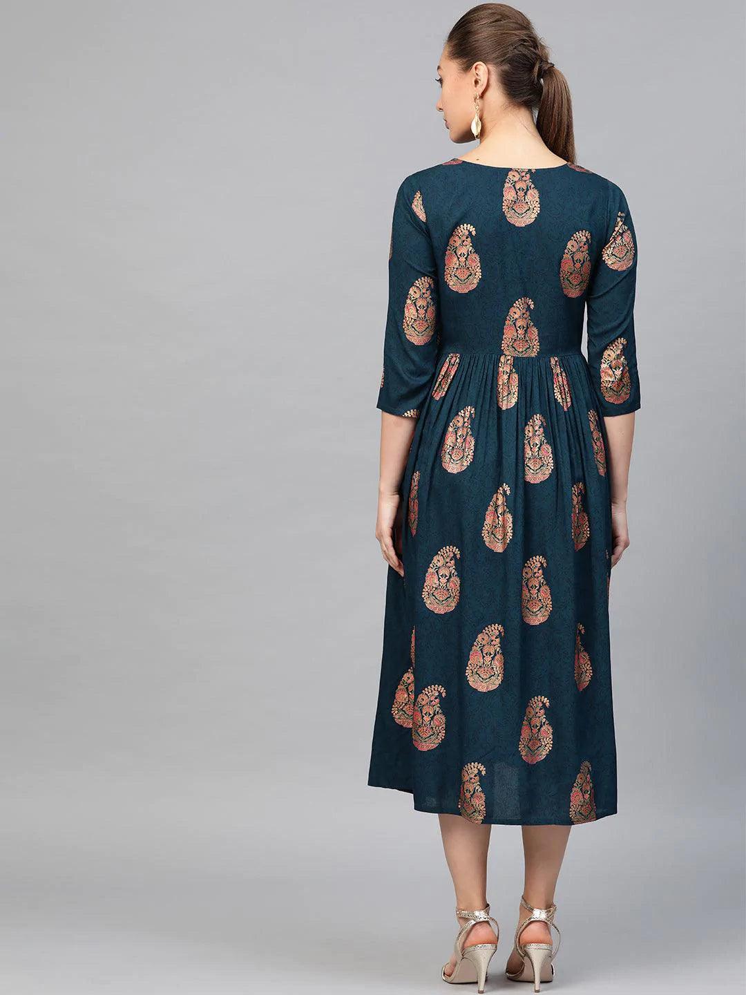 Blue Printed Rayon Dress - ShopLibas