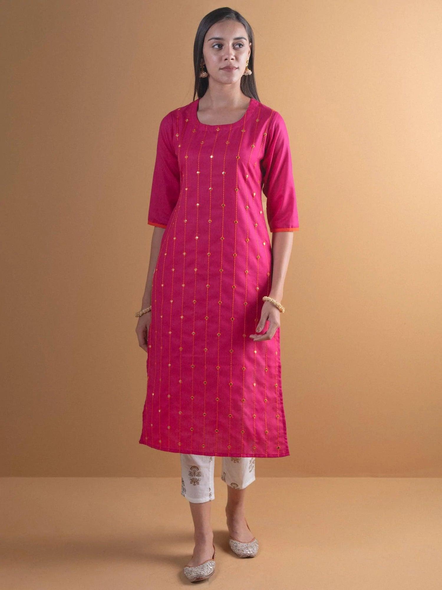 Pink Mirror Work Cotton Kurta