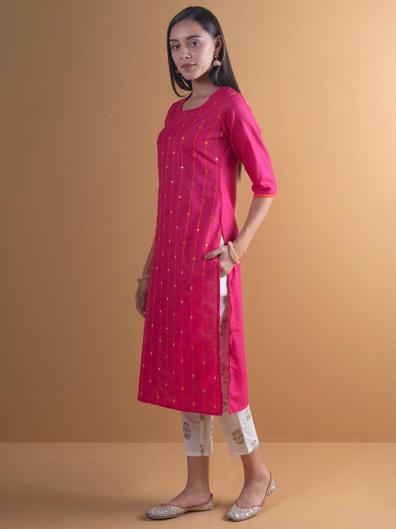 Pink Mirror Work Cotton Kurta