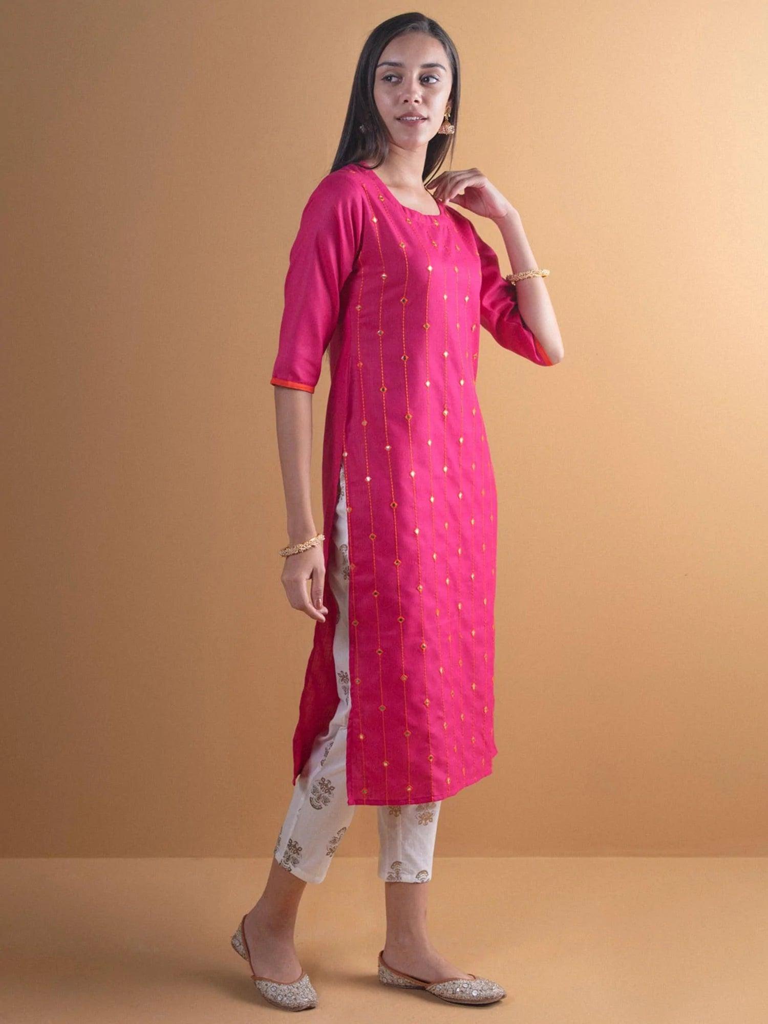 Pink Mirror Work Cotton Kurta