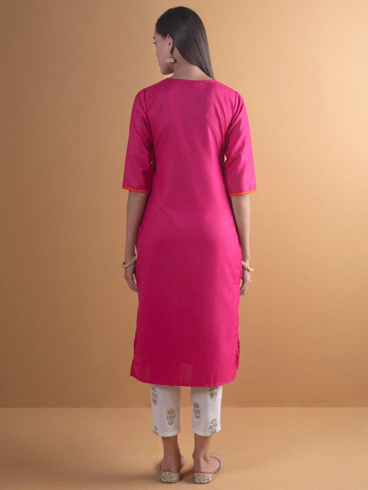 Pink Mirror Work Cotton Kurta