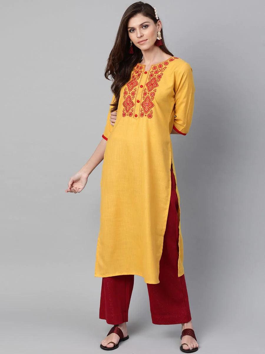 Yellow Yoke Design Cotton Kurta - ShopLibas