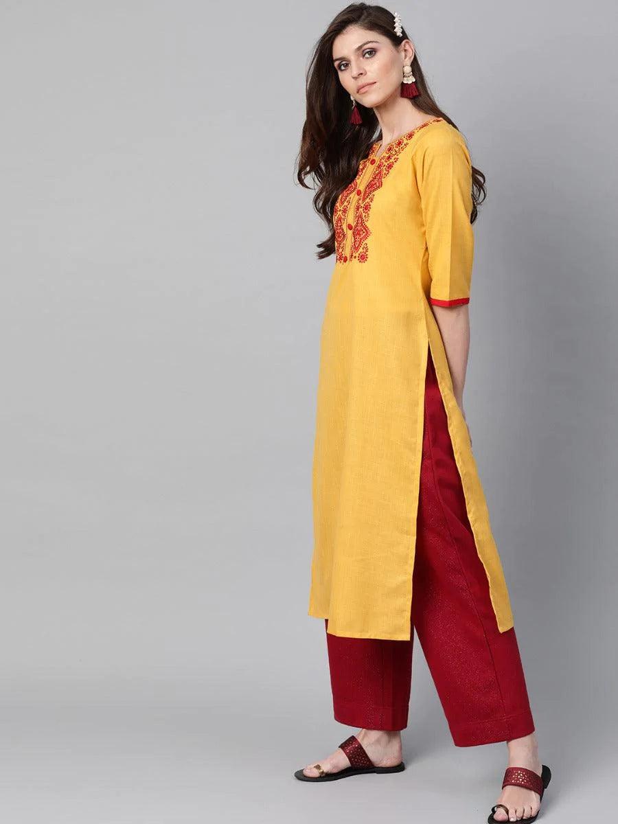 Yellow Yoke Design Cotton Kurta - ShopLibas