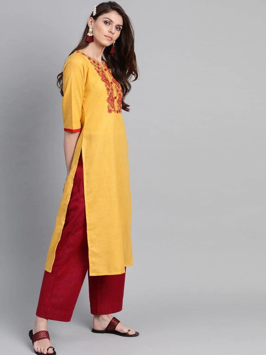 Yellow Yoke Design Cotton Kurta - ShopLibas