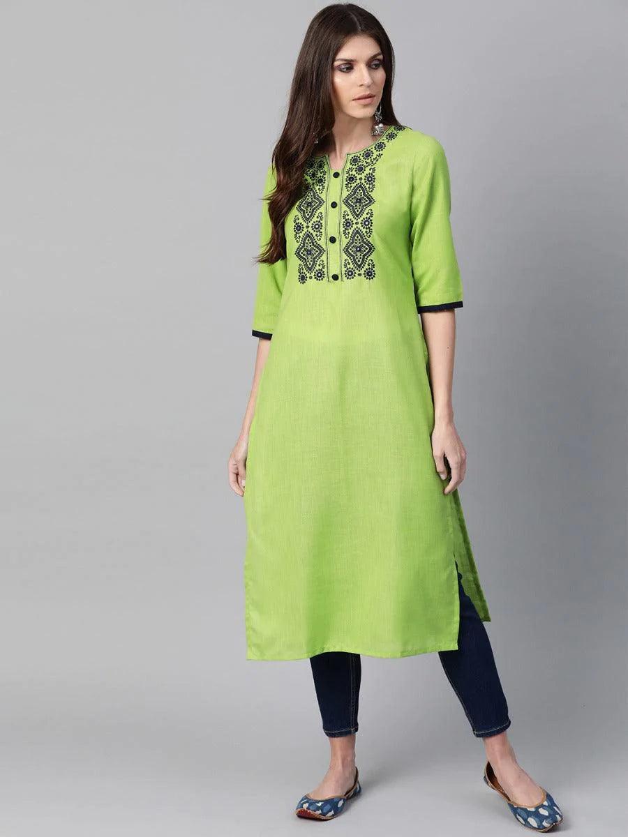 Green Embroidered Cotton Kurta - ShopLibas