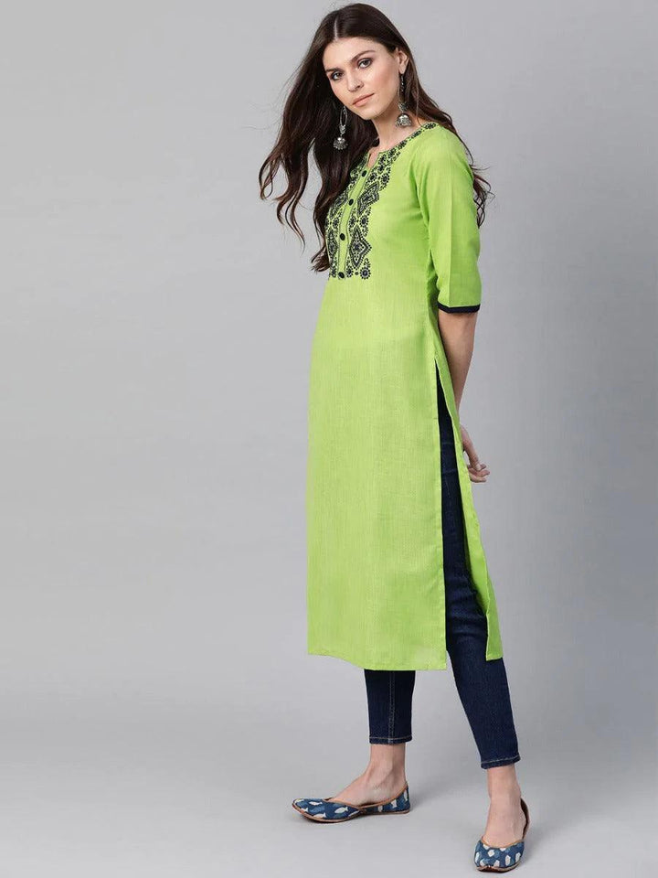 Green Embroidered Cotton Kurta - ShopLibas